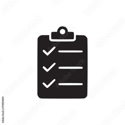 A black and white image of a clipboard with check marks and lines indicating a task list or checklist