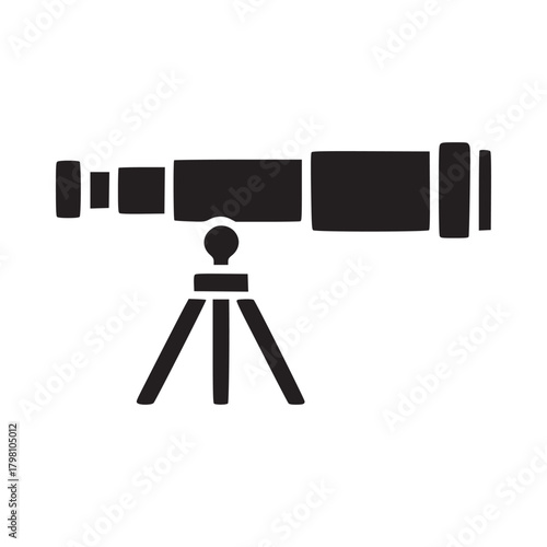 A simple black silhouette of a telescope on a tripod against a stark white background in vector style