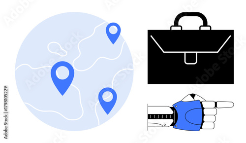 Globe with location markers, black briefcase, robotic hand pointing right. Ideal for technology, globalization, business, navigation, innovation robotics remote work. Simple flat metaphor