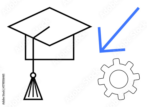 Graduation cap and descending arrow toward gear symbolizing education, career skills, and industrial integration. Ideal for education, career growth, job training, innovation, leadership, workforce