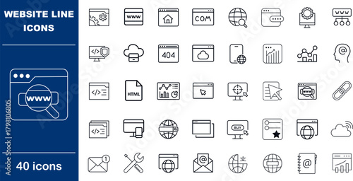 Website Development and Digital Marketing Vector Icons. Set of 40 line art symbols for SEO, e-commerce, and UI/UX design. Includes browser, shopping cart, and analytics charts
