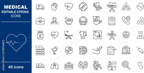Medical and Healthcare Vector Icons. Set of 40 line art symbols for hospitals, doctors, and first aid. Includes ambulance, stethoscope, and prescription medicine