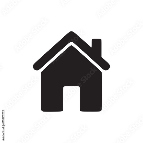 A minimalist black house icon with a chimney and a simple door on a plain white background display