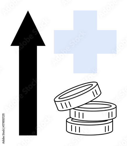 Black arrow pointing upward, three coins stacked, and blue plus sign. Ideal for growth, success, financial gain, healthcare investment, improvement progress optimism metaphors. Simple flat metaphor