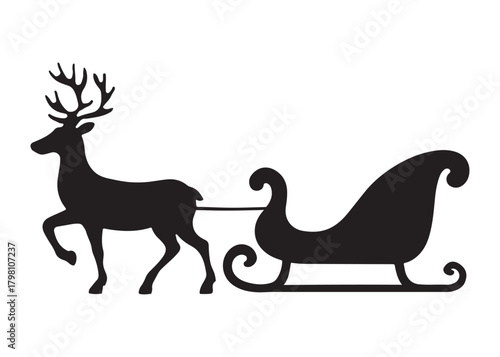 santa flying in sleigh with reindeer logo silhouette vector, santa's sleigh silhouette vector illustration, christmas night sky sleigh and reindeer flying logo silhouettes vector on white background