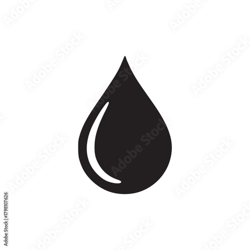 Isolated black water drop with a white highlight on a plain white background in a simple illustration