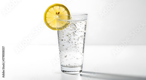 Refreshing sparkling water with lemon slice drink