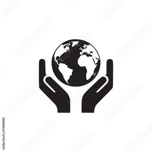 Black silhouette of hands holding a globe on a white background in a simple graphic illustration