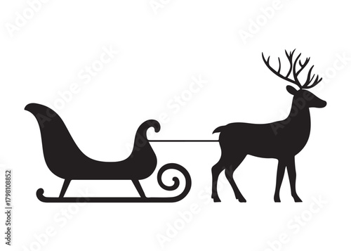santa flying in sleigh with reindeer logo silhouette vector, santa's sleigh silhouette vector illustration, christmas night sky sleigh and reindeer flying logo silhouettes vector on white background