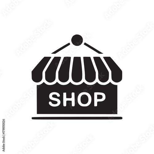 A simple black and white shop icon with awning hanging from a pole on a plain white background
