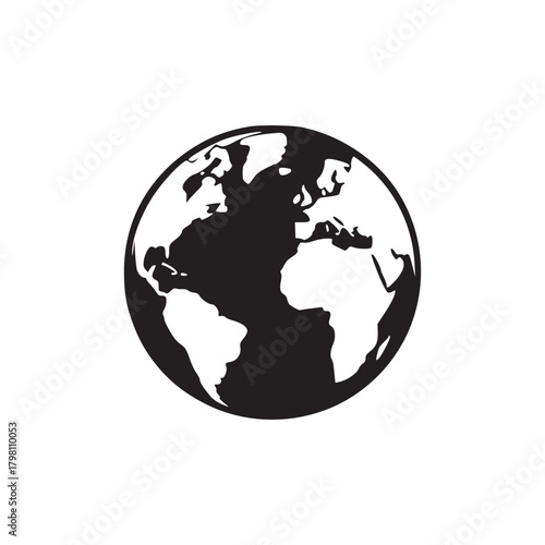 A simple black and white depiction of the earth globe showing continents on a plain white background