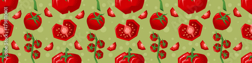 Tomato Mid-Century Modern Retro Seamless Pattern with Bold Grainy Texture and Geometric Garden Vegetables
