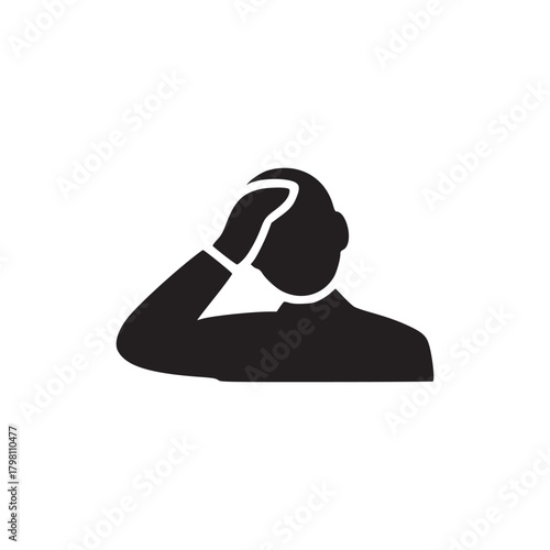 Black silhouette of a person with hand on head against white background in a simple graphic style
