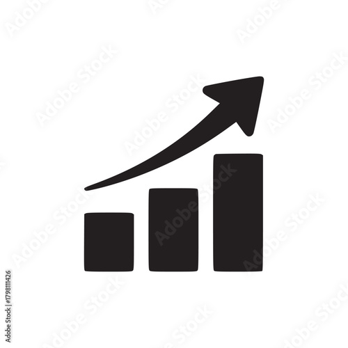 A simple black and white illustration showing a bar graph with an arrow pointing upwards to the right