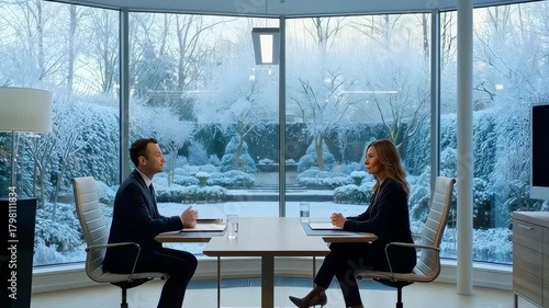 In this engaging video, a man and woman sit across from each other at a modern table, discussing important matters. The beautiful, frosty winter garden outside creates a stunning backdrop for their co