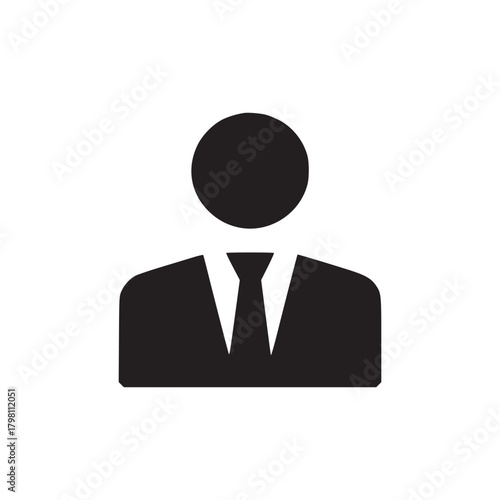 A simple black and white icon of a person in a suit and tie on a white background design element