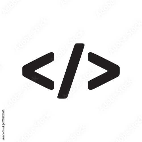 A simple black code symbol on a white background representing programming and web development concept