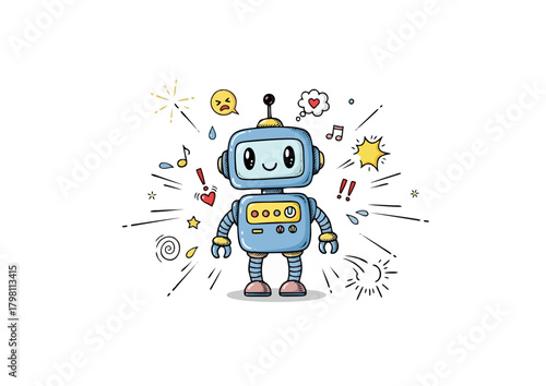 Cute cartoon robot character with a friendly expression on a light green background, vector art 