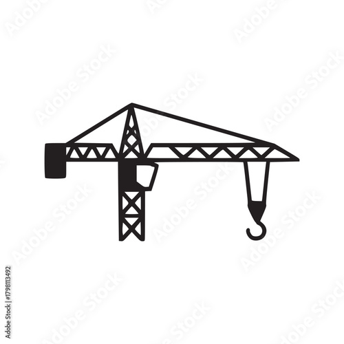 A simple black and white line drawing of a construction crane on a white background in a vector image