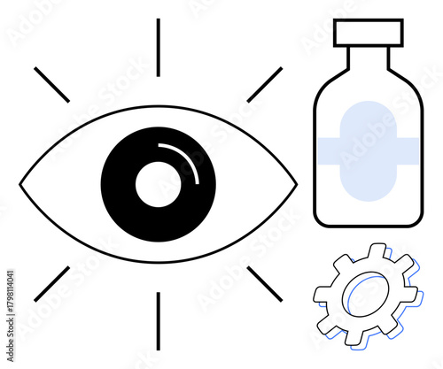 Eye with radiating lines, medical bottle, and gear symbolizing vision health, medication, and technological advancements. Ideal for healthcare, innovation, medicine, ophthalmology research