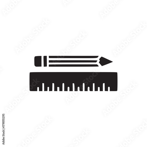 A simple black and white image of a pencil lying on top of a ruler with measurement markings shown