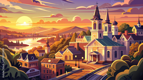 Very beautiful sunset view of Natchez, Mississippi, USA, featuring warm golden light illuminating a historic church and the surrounding downtown landscape, highlighting charming architecture and seren