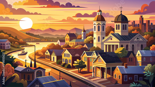 Very beautiful sunset view of Natchez, Mississippi, USA, featuring warm golden light illuminating a historic church and the surrounding downtown landscape, highlighting charming architecture and seren