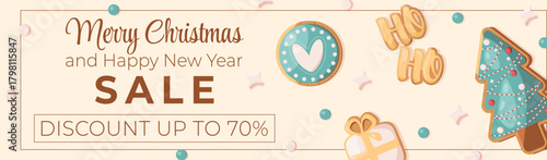 EPS 10. A vibrant banner about the New Year and Christmas holiday sales and an illustration of gingerbread cookies with icing. Template