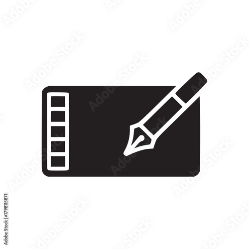 A graphic tablet with a stylus displayed in a minimalist black and white illustration on a white background