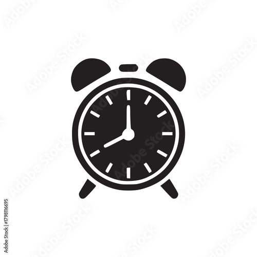 A simple black and white illustration of a classic alarm clock with two bells on top and two legs