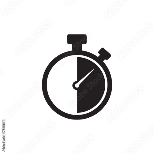 A simple black and white illustration of a stopwatch with the right side filled in with black color