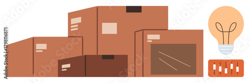 Brown shipping boxes stacked together beside a glowing lightbulb and slider controls. Ideal for logistics, innovation, creativity, e-commerce, problem-solving, shipping, and product management. Flat