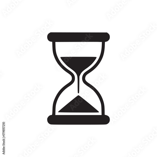 A black and white illustration of an hourglass with sand accumulating at the bottom on white background