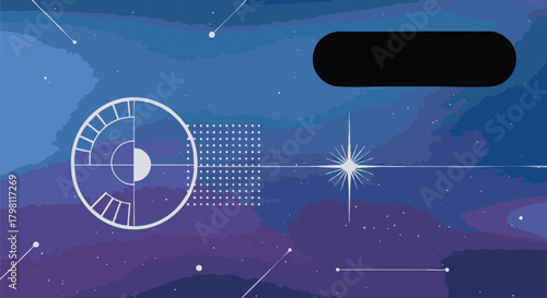 Abstract digital background with deep blue starry night sky texture, featuring retro-futuristic HUD elements like a radar scope and glowing starburst design