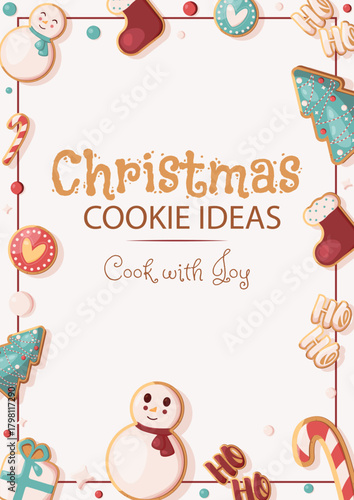 A4 Christmas banner template with gingerbread cookies. Christmas cookie ideas. Template for covers, banners, flyers, advertisements, social media posts, etc.