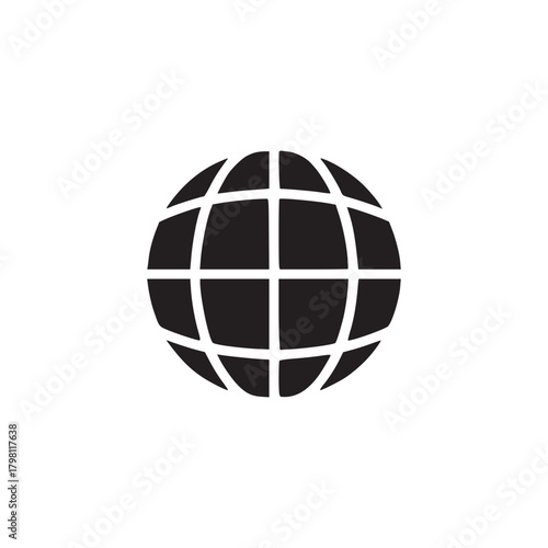 Isolated black globe icon with grid lines on a white background in a minimalist style design look