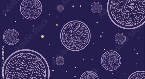 Abstract seamless pattern featuring circles with wavy lines and small squares on a dark blue background