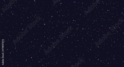 Abstract seamless pattern of colorful stars and sparkles on a dark navy blue background, perfect for space-themed digital art or backgrounds