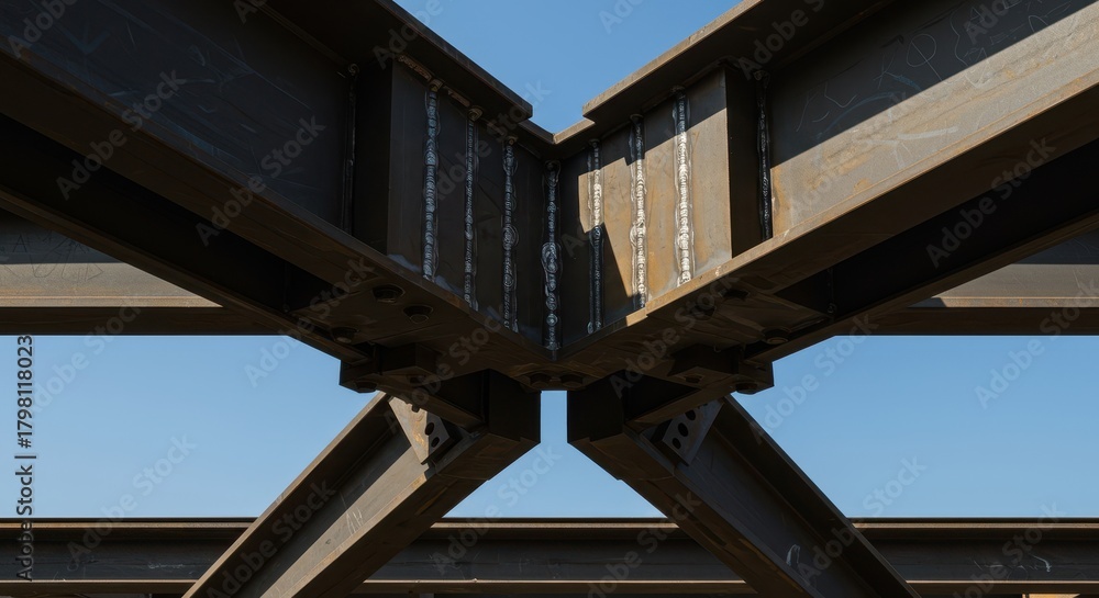 Fototapeta premium Heavy industrial steel structure, featuring strong welded joints and massive metal supports used for large infrastructure projects, detail, joint, close-up