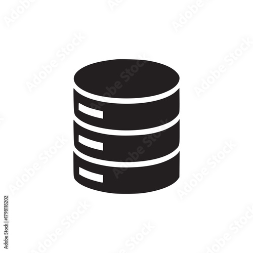 A simple black and white graphic of a database icon with three layers on a white background space