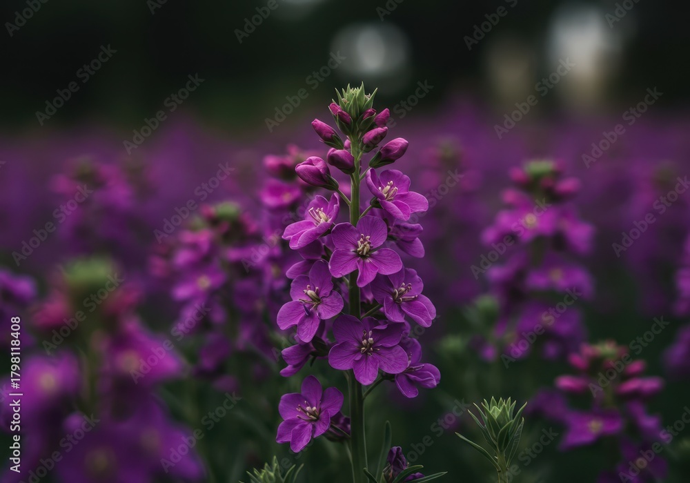 Fototapeta premium Close up of beautiful vibrant purple stock flowers blooming densely in a spring garden setting with soft natural light, beautiful, magenta, botany study