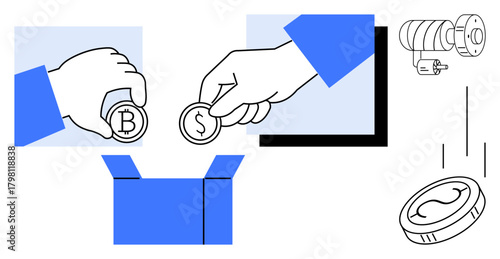Hands holding Bitcoin and Dollar coins depositing into box while being observed by security camera. Ideal for savings, cryptocurrency, finance, investment, security, transaction, digital economy