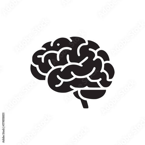 A simple black and white illustration of a human brain on a white background in a minimalist style