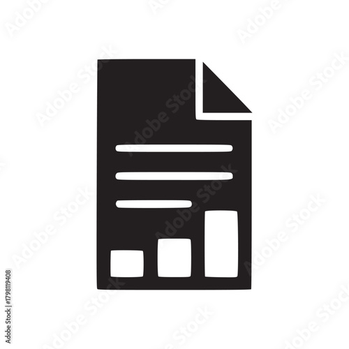 A black and white icon of a document with a folded corner and a bar graph on a white background