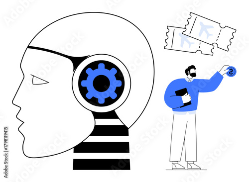 Robotic head with gear and a man holding a coin near airplane tickets. Ideal for technology, AI, innovation, automation, fintech, travel optimization, and decision-making. Simple flat metaphor