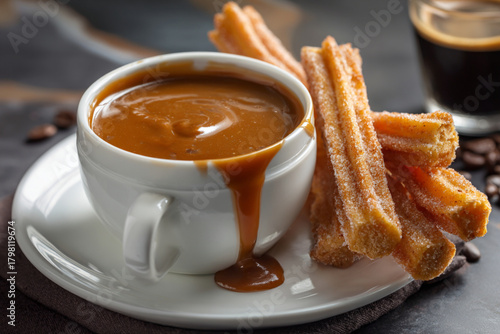 Hot churros with rich chocolate sauce served at a cozy café during the evening