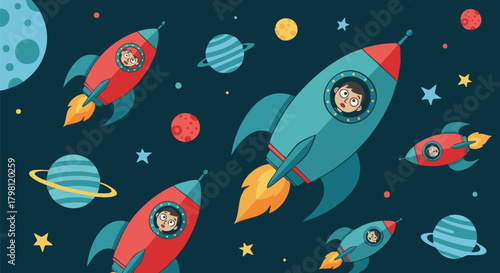 Cartoon illustration of rockets soaring through outer space. Children inside the spacecraft are exploring planets and stars