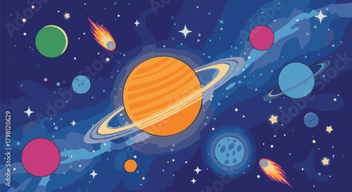 Colorful cartoon of outer space with planets, stars and comets