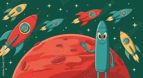 Cute cartoon aliens in rockets fly around a red planet in outer space