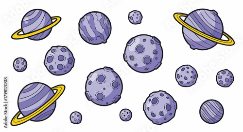 Cute cartoon illustration set of various space objects, including purple ringed planets and cratered asteroids or moons against a white background